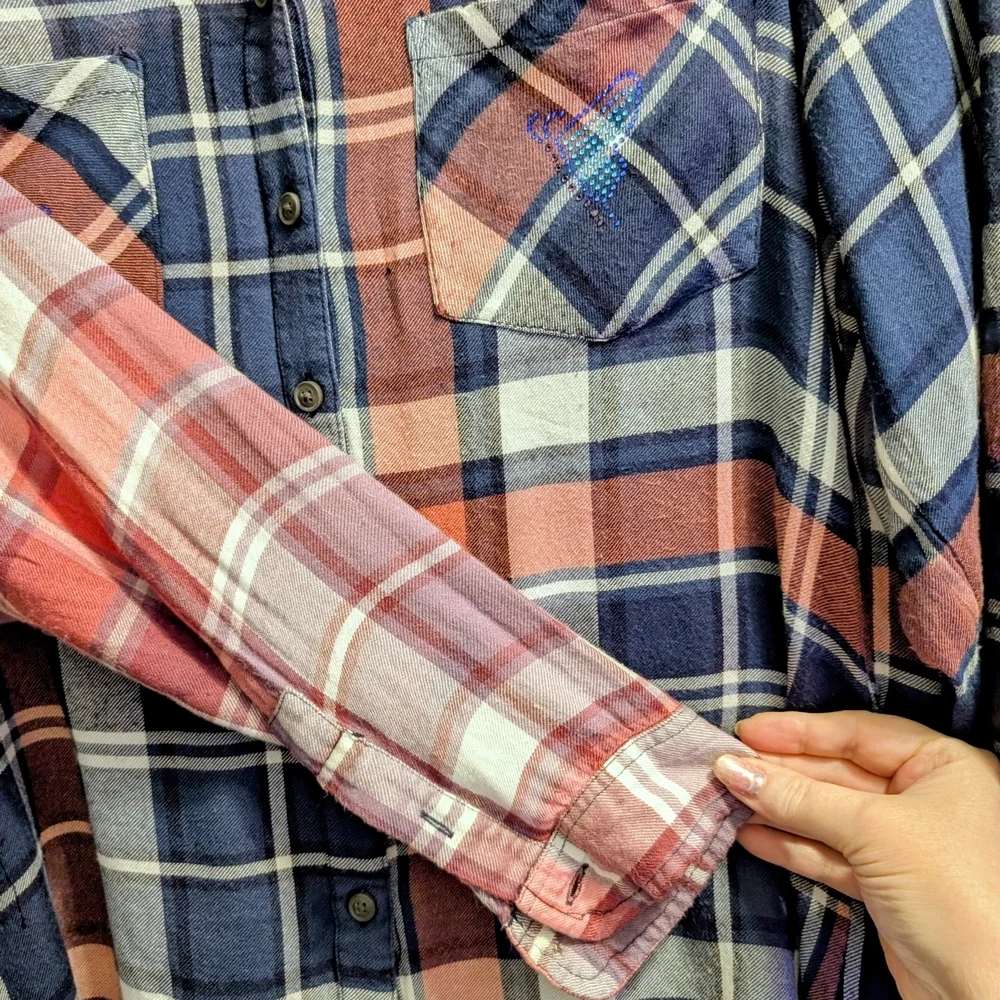 Upcycle Lucky Brand Medium Dip Bleach Flannel Shirt w/ Butterfly Bling 17" P2P - Picture 9 of 11